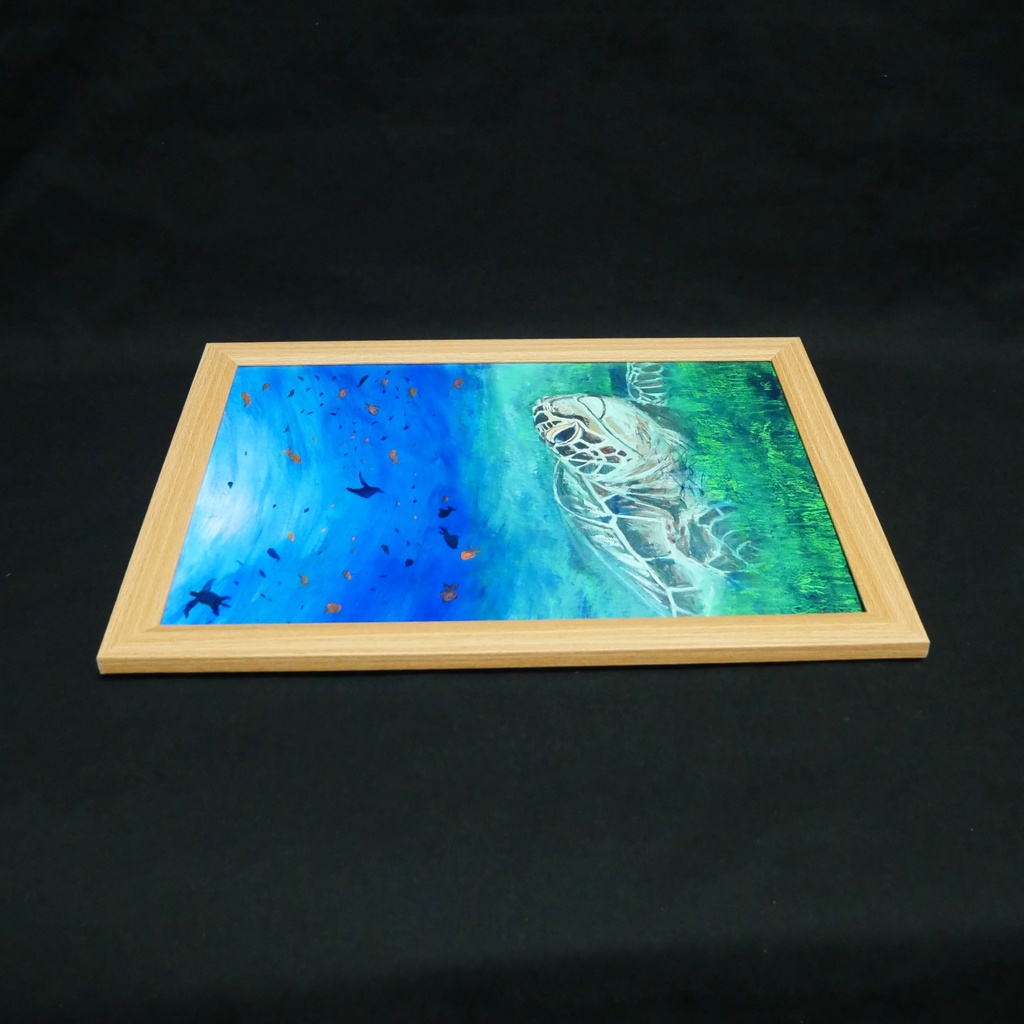 油彩画 原画『光射す深海へ 〜癒やしのウミガメ〜』海と光の癒やしアート(夏限定)