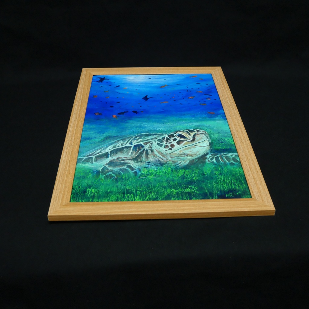 油彩画 原画『光射す深海へ 〜癒やしのウミガメ〜』海と光の癒やしアート(夏限定)