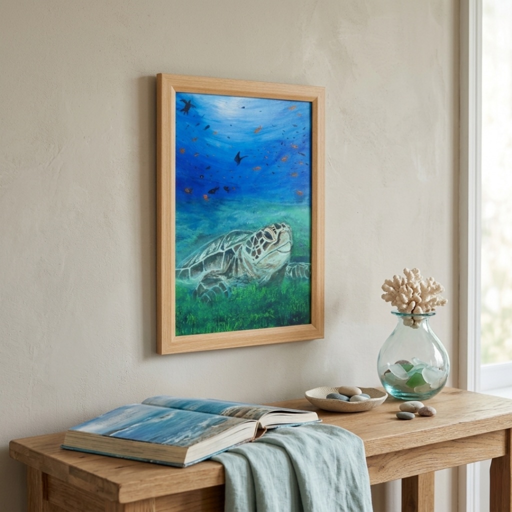 油彩画 原画『光射す深海へ 〜癒やしのウミガメ〜』海と光の癒やしアート(夏限定)