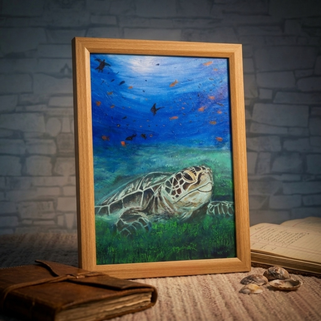 油彩画 原画『光射す深海へ 〜癒やしのウミガメ〜』海と光の癒やしアート(夏限定)