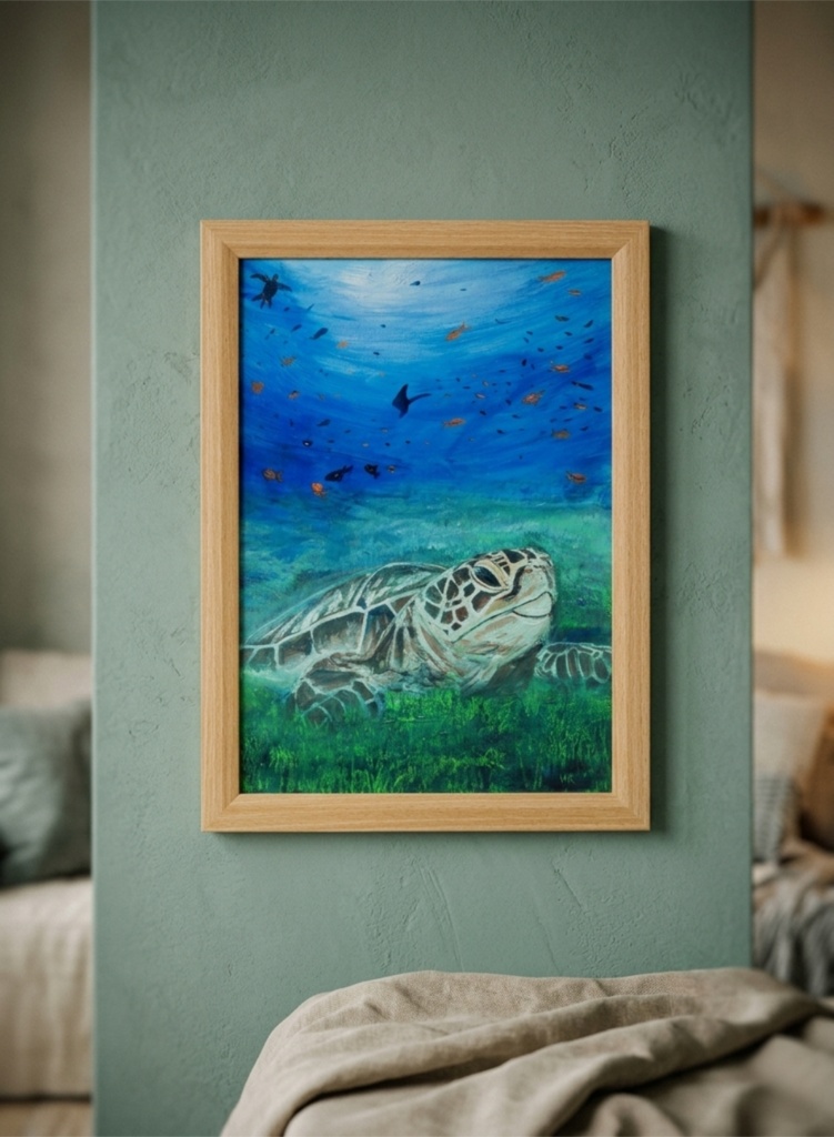 油彩画 原画『光射す深海へ 〜癒やしのウミガメ〜』海と光の癒やしアート(夏限定)