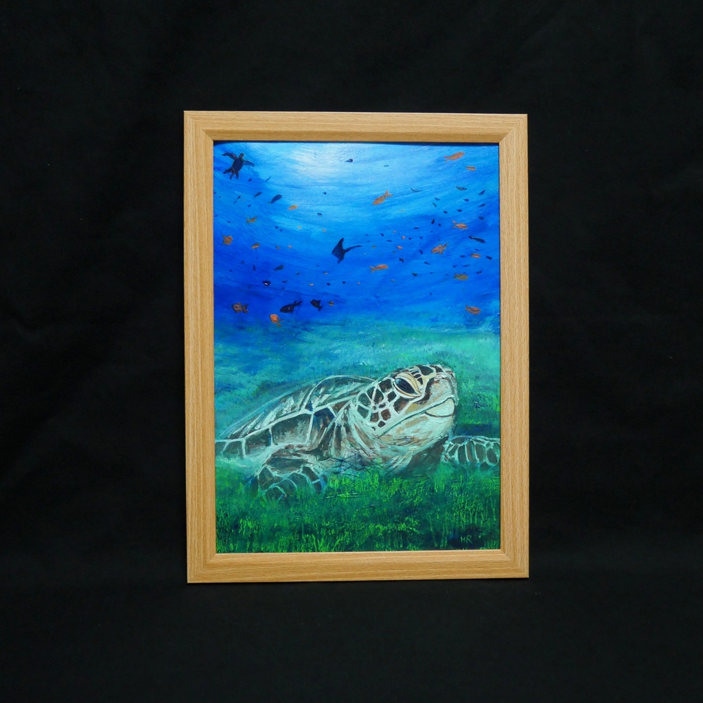 油彩画 原画『光射す深海へ 〜癒やしのウミガメ〜』海と光の癒やしアート(夏限定)