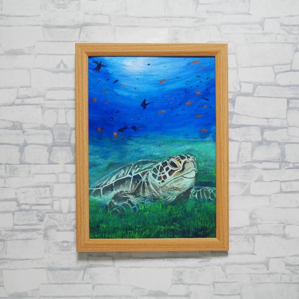 油彩画 原画『光射す深海へ 〜癒やしのウミガメ〜』海と光の癒やしアート(夏限定)