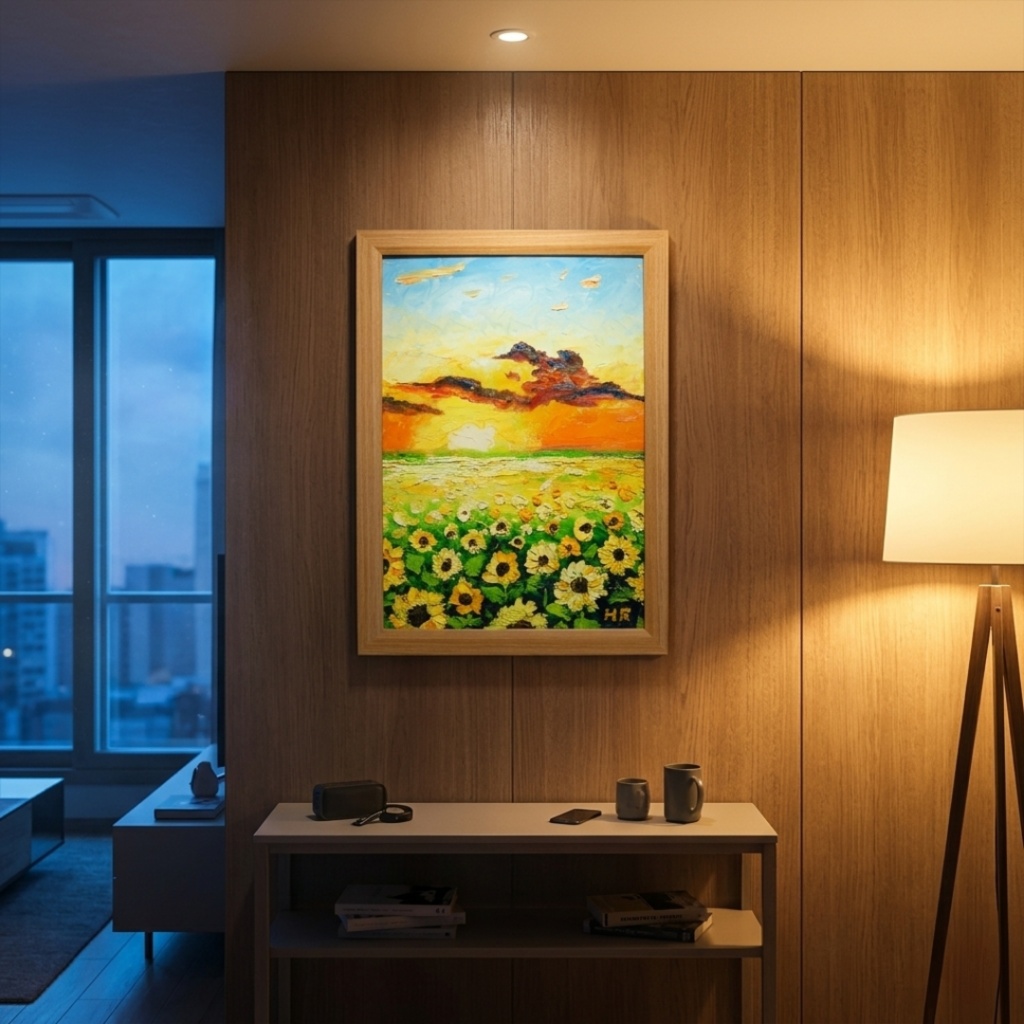 【油彩画アート】「黄金色の明日へ」A4額縁入り原画・ひまわり・夕日・夏の風景