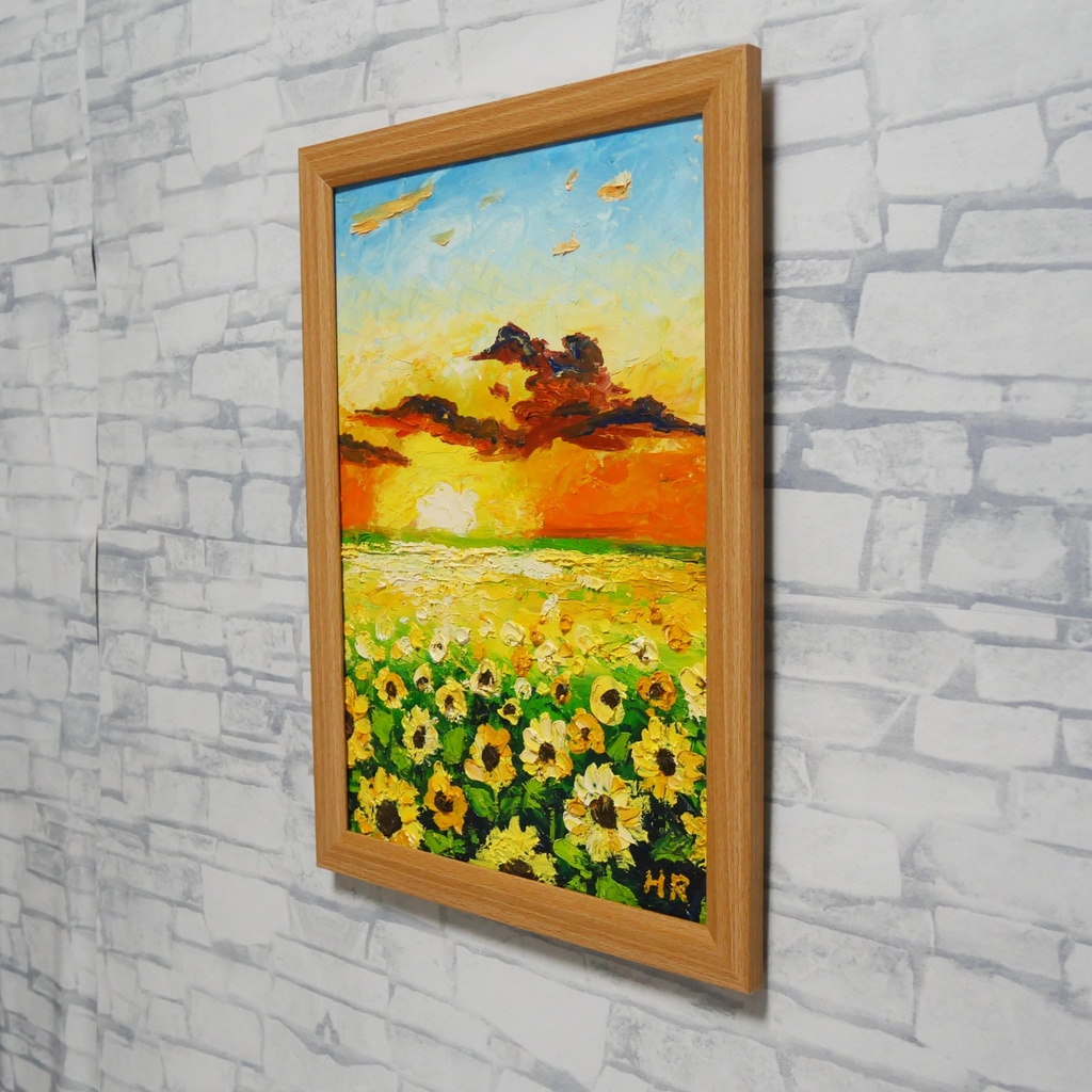 【油彩画アート】「黄金色の明日へ」A4額縁入り原画・ひまわり・夕日・夏の風景