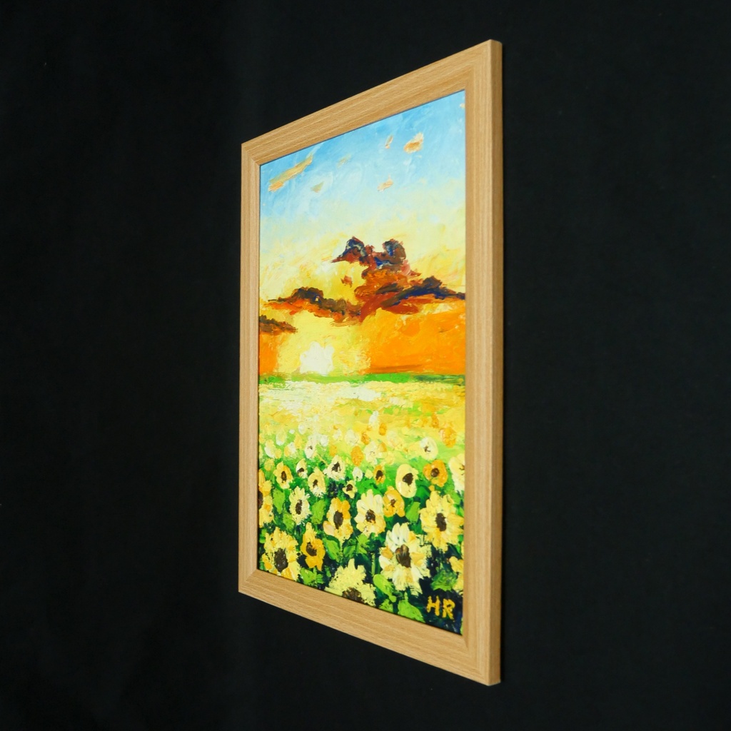 【油彩画アート】「黄金色の明日へ」A4額縁入り原画・ひまわり・夕日・夏の風景