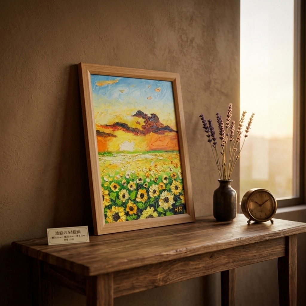 【油彩画アート】「黄金色の明日へ」A4額縁入り原画・ひまわり・夕日・夏の風景