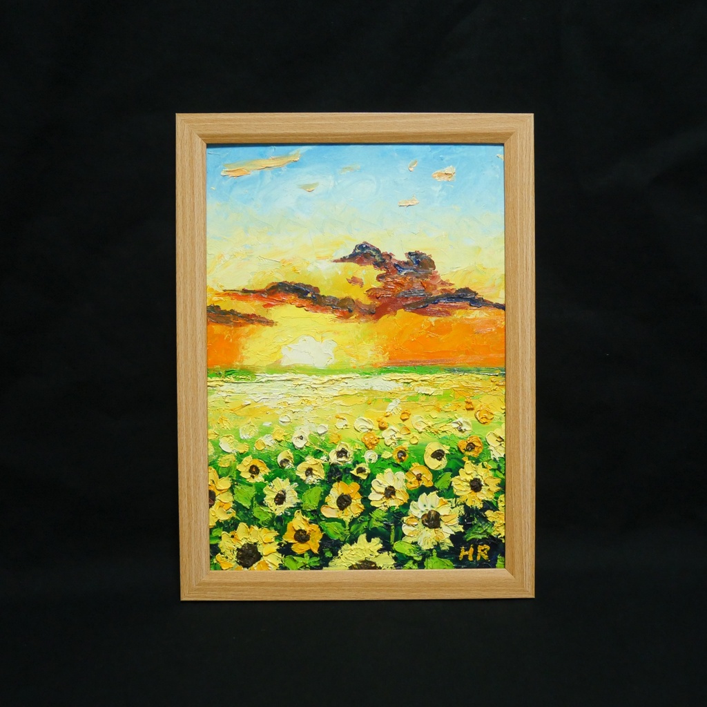 【油彩画アート】「黄金色の明日へ」A4額縁入り原画・ひまわり・夕日・夏の風景