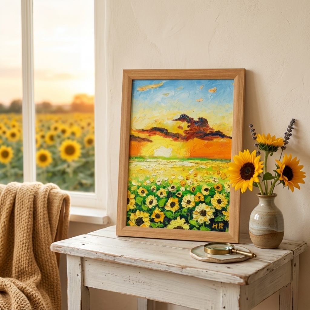 【油彩画アート】「黄金色の明日へ」A4額縁入り原画・ひまわり・夕日・夏の風景