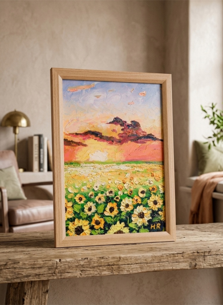 【油彩画アート】「黄金色の明日へ」A4額縁入り原画・ひまわり・夕日・夏の風景
