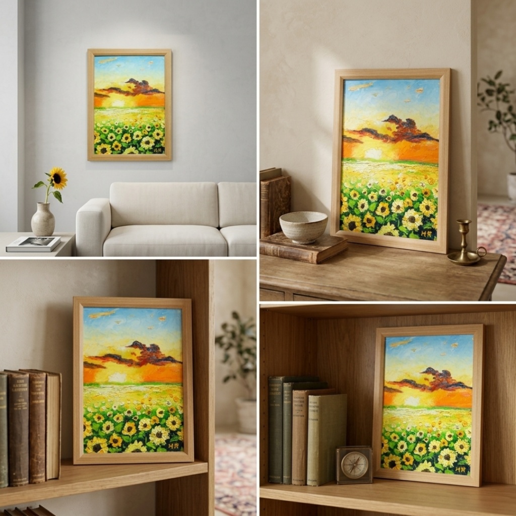【油彩画アート】「黄金色の明日へ」A4額縁入り原画・ひまわり・夕日・夏の風景