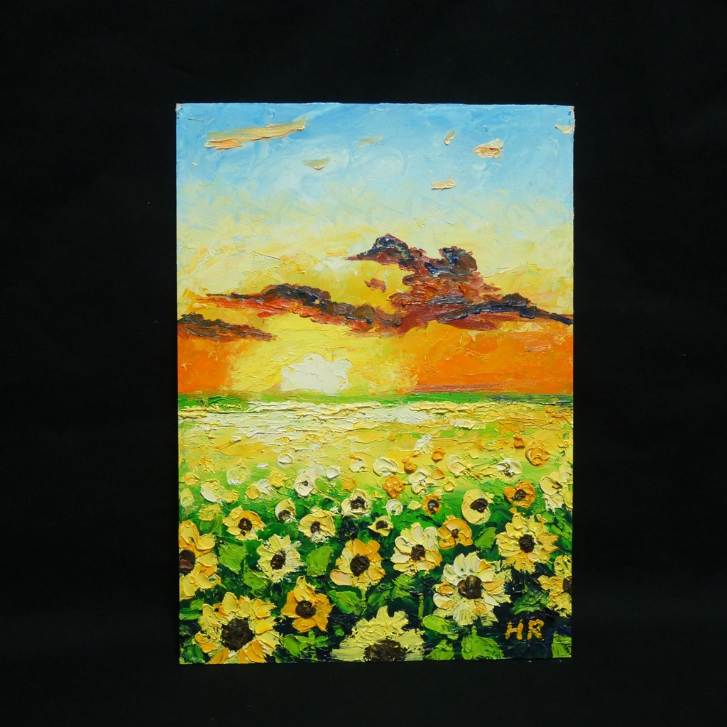 【油彩画アート】「黄金色の明日へ」A4額縁入り原画・ひまわり・夕日・夏の風景