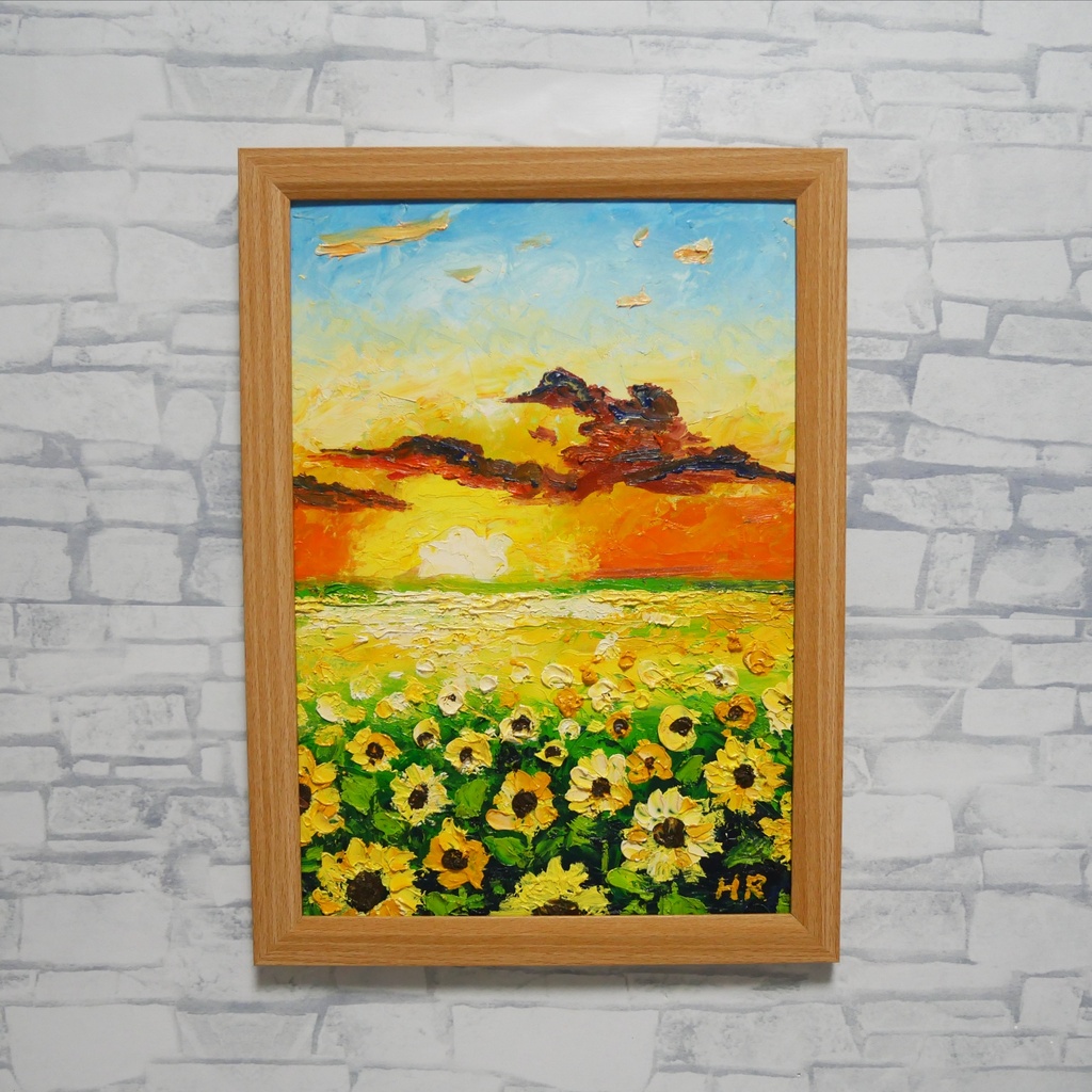 【油彩画アート】「黄金色の明日へ」A4額縁入り原画・ひまわり・夕日・夏の風景