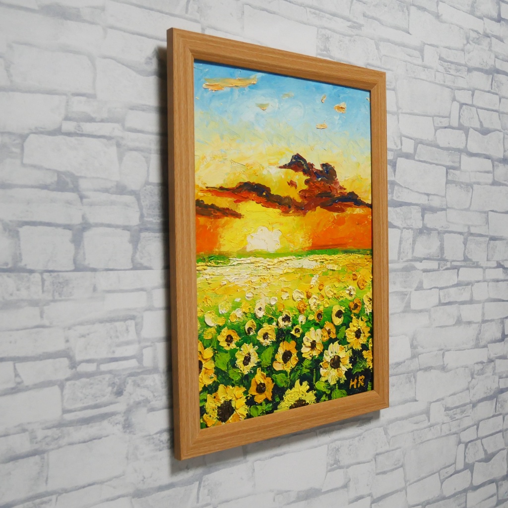 【油彩画アート】「黄金色の明日へ」A4額縁入り原画・ひまわり・夕日・夏の風景