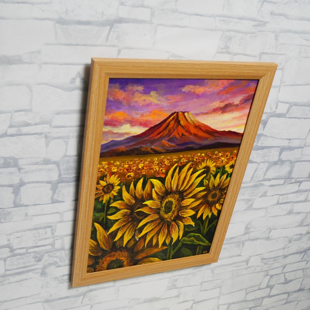 油絵・油彩画【夕焼け赤富士とひまわり畑】手描き 原画 A4 夏の風景