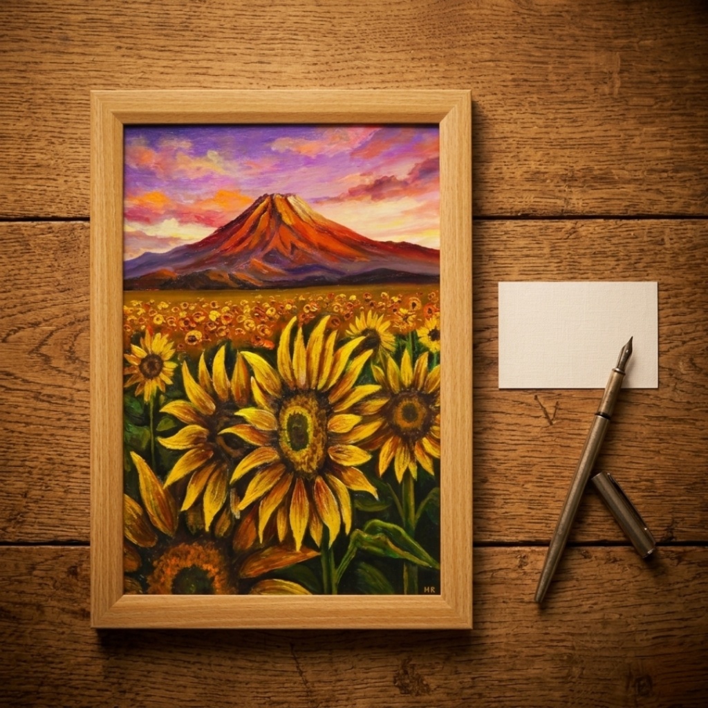 油絵・油彩画【夕焼け赤富士とひまわり畑】手描き 原画 A4 夏の風景