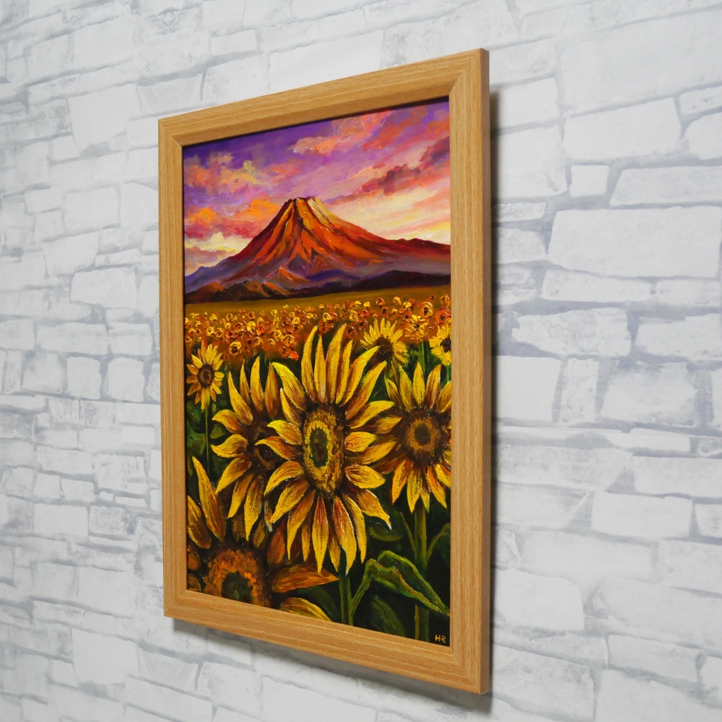 油絵・油彩画【夕焼け赤富士とひまわり畑】手描き 原画 A4 夏の風景