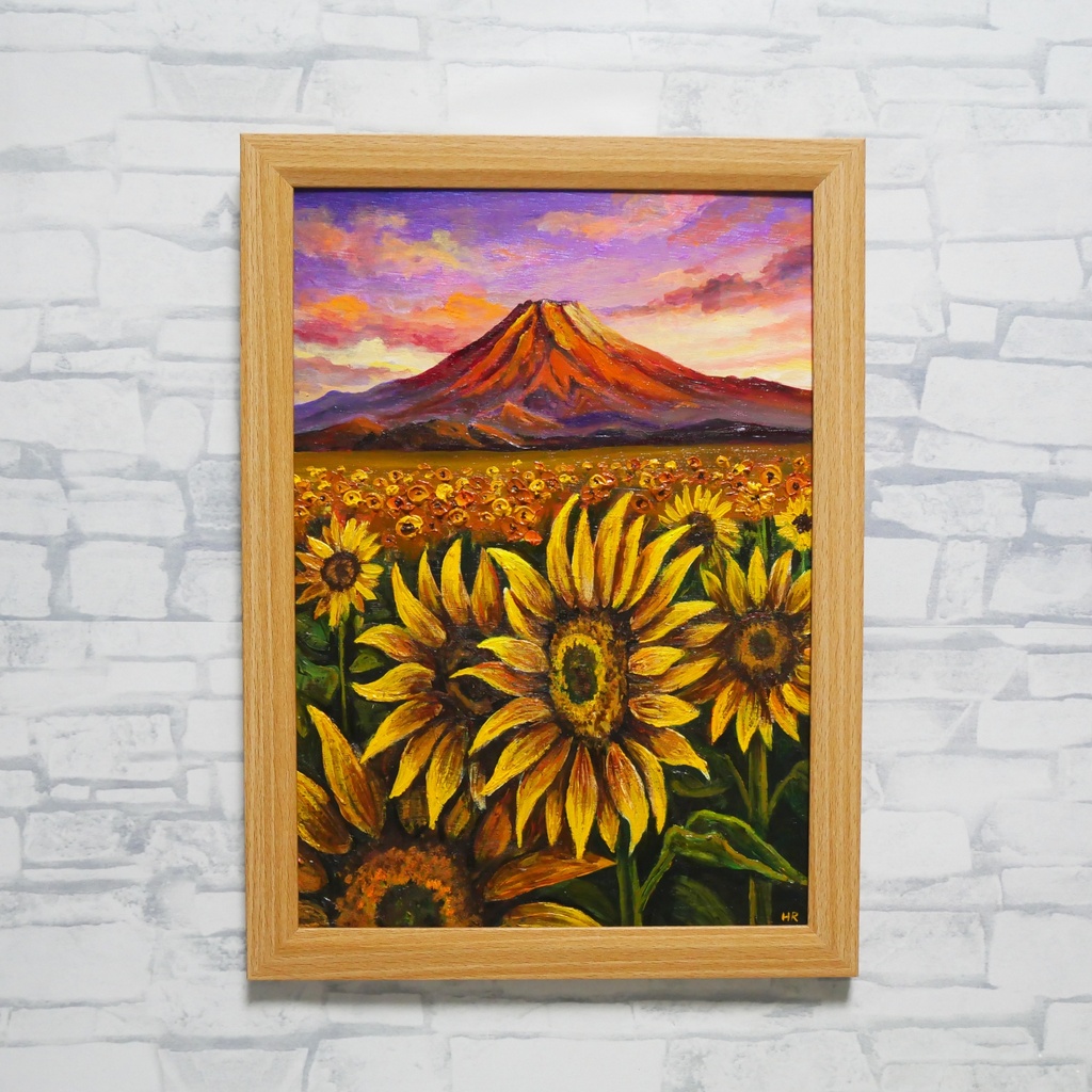 油絵・油彩画【夕焼け赤富士とひまわり畑】手描き 原画 A4 夏の風景