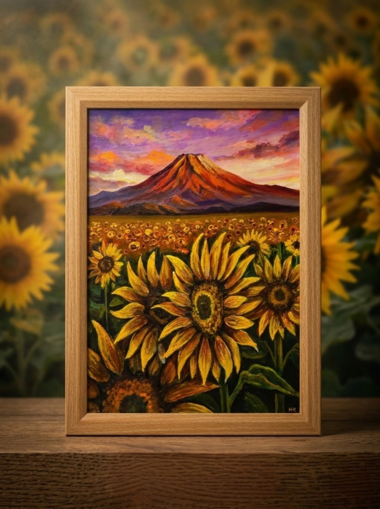 油絵・油彩画【夕焼け赤富士とひまわり畑】手描き 原画 A4 夏の風景
