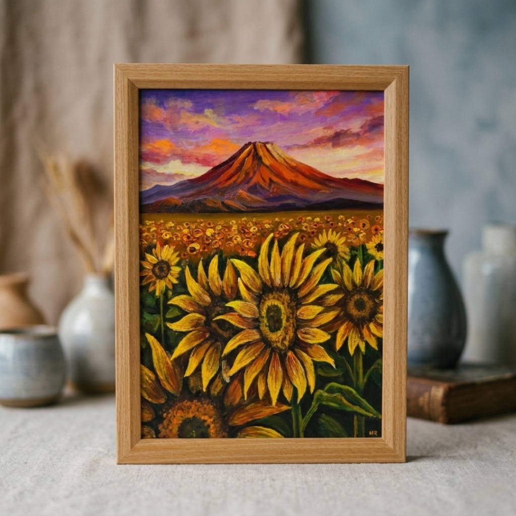 油絵・油彩画【夕焼け赤富士とひまわり畑】手描き 原画 A4 夏の風景