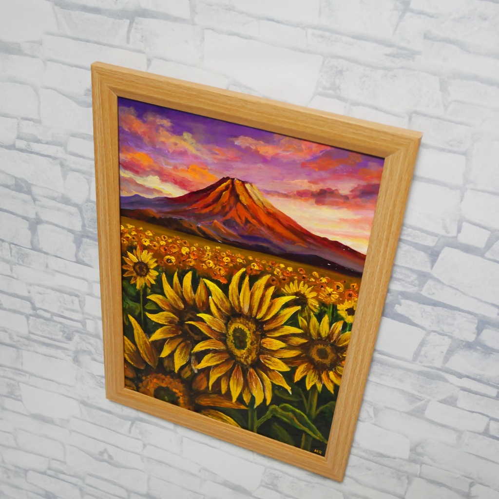 油絵・油彩画【夕焼け赤富士とひまわり畑】手描き 原画 A4 夏の風景