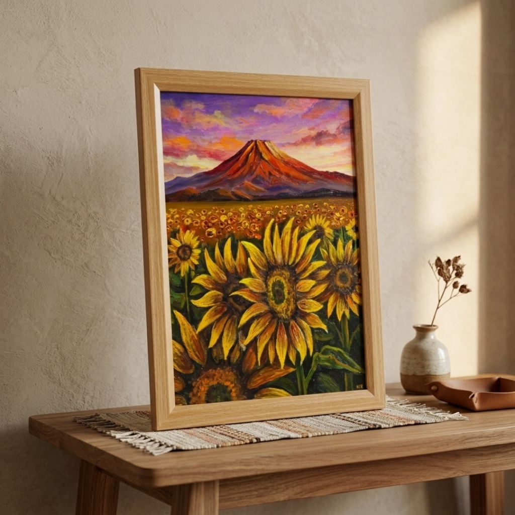 油絵・油彩画【夕焼け赤富士とひまわり畑】手描き 原画 A4 夏の風景