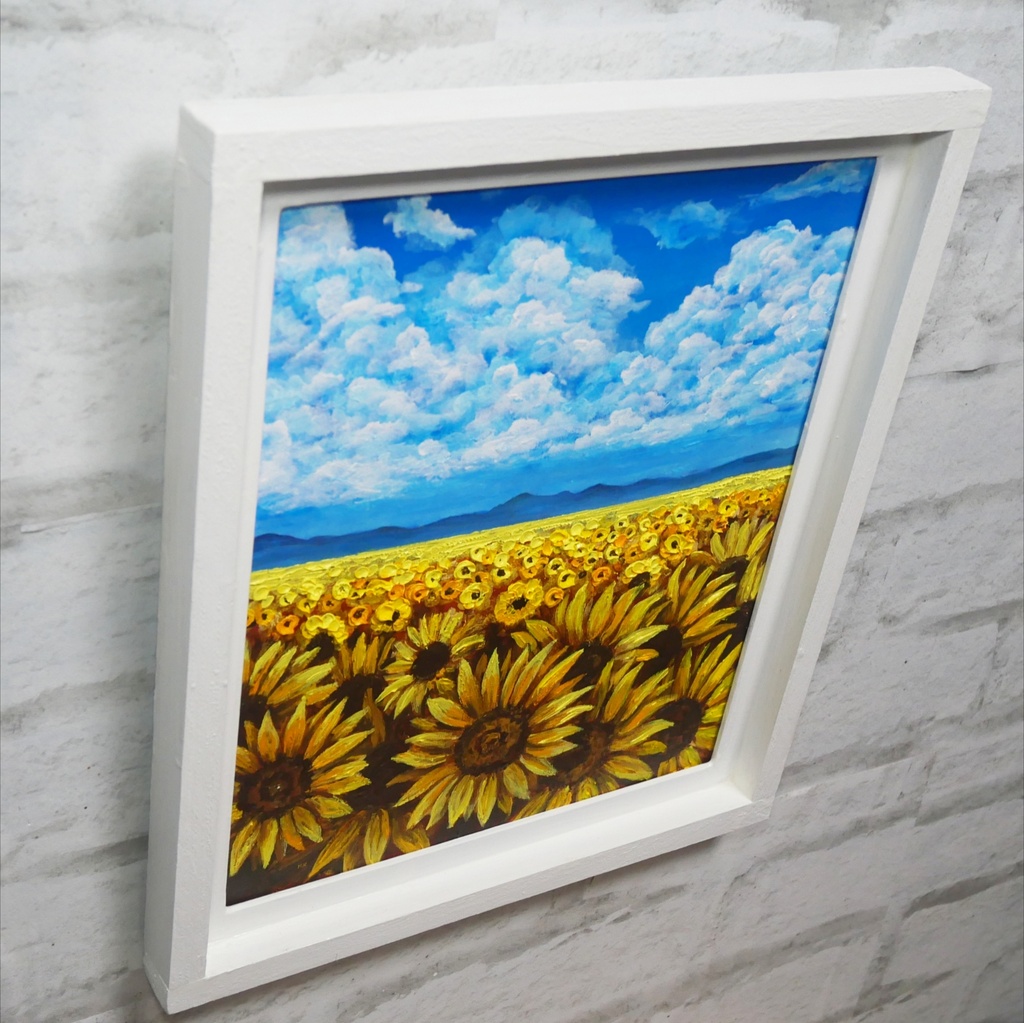 【油絵原画】陽だまりの輪舞曲(夏空とひまわり畑の絵画・額付き)