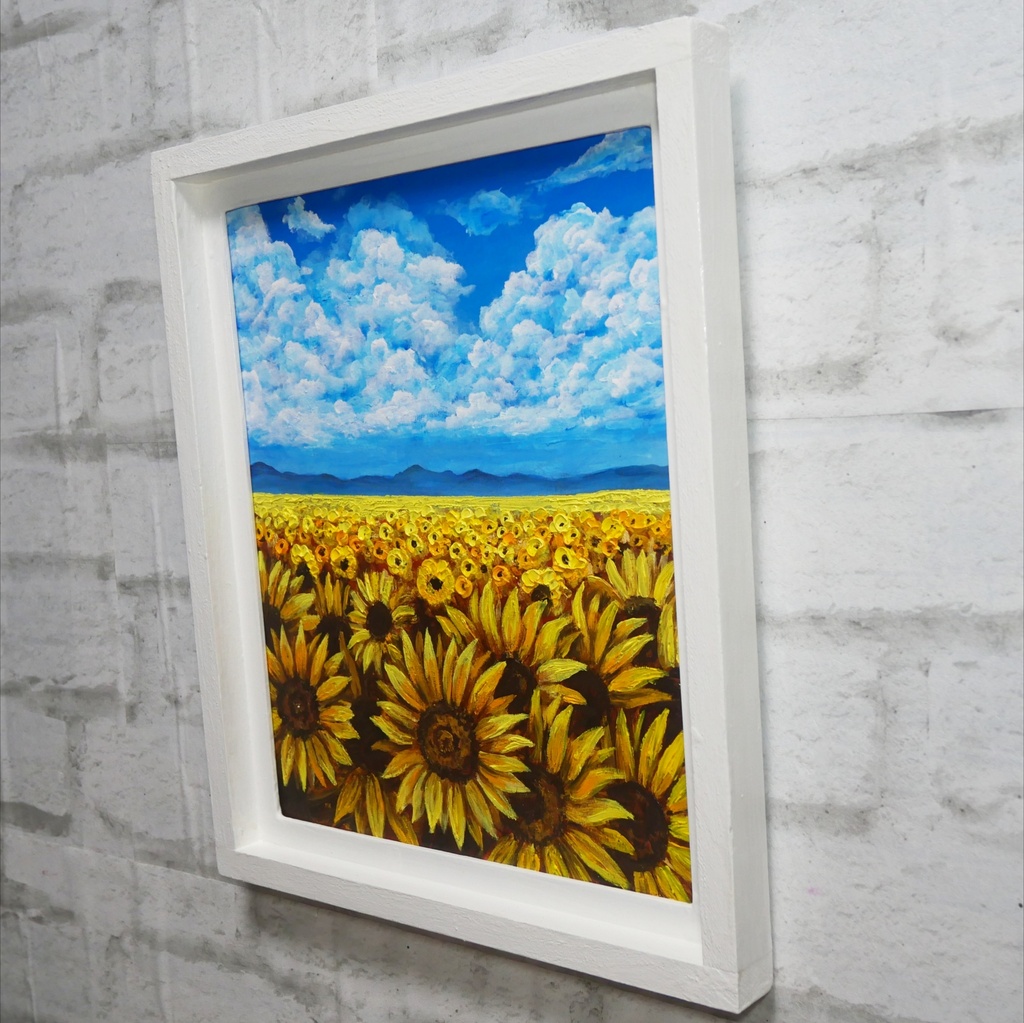 【油絵原画】陽だまりの輪舞曲(夏空とひまわり畑の絵画・額付き)