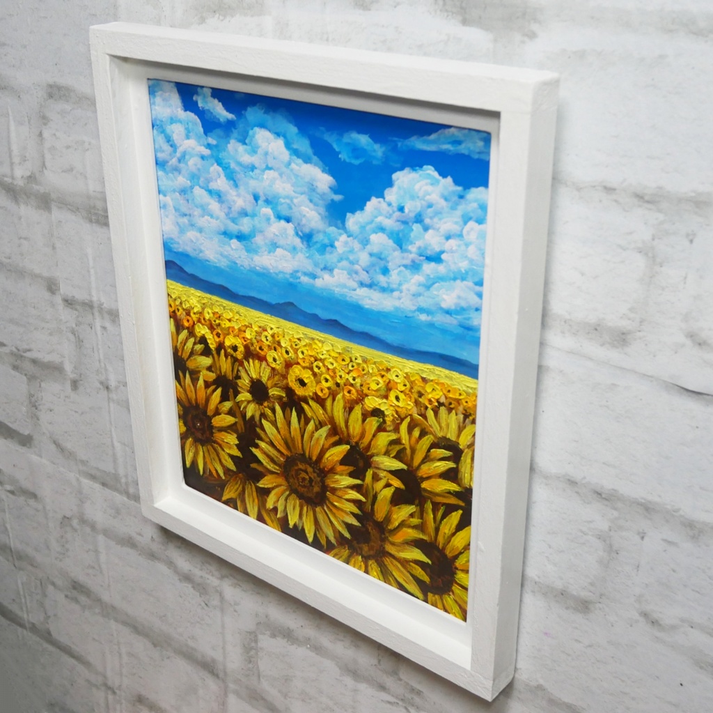 【油絵原画】陽だまりの輪舞曲(夏空とひまわり畑の絵画・額付き)