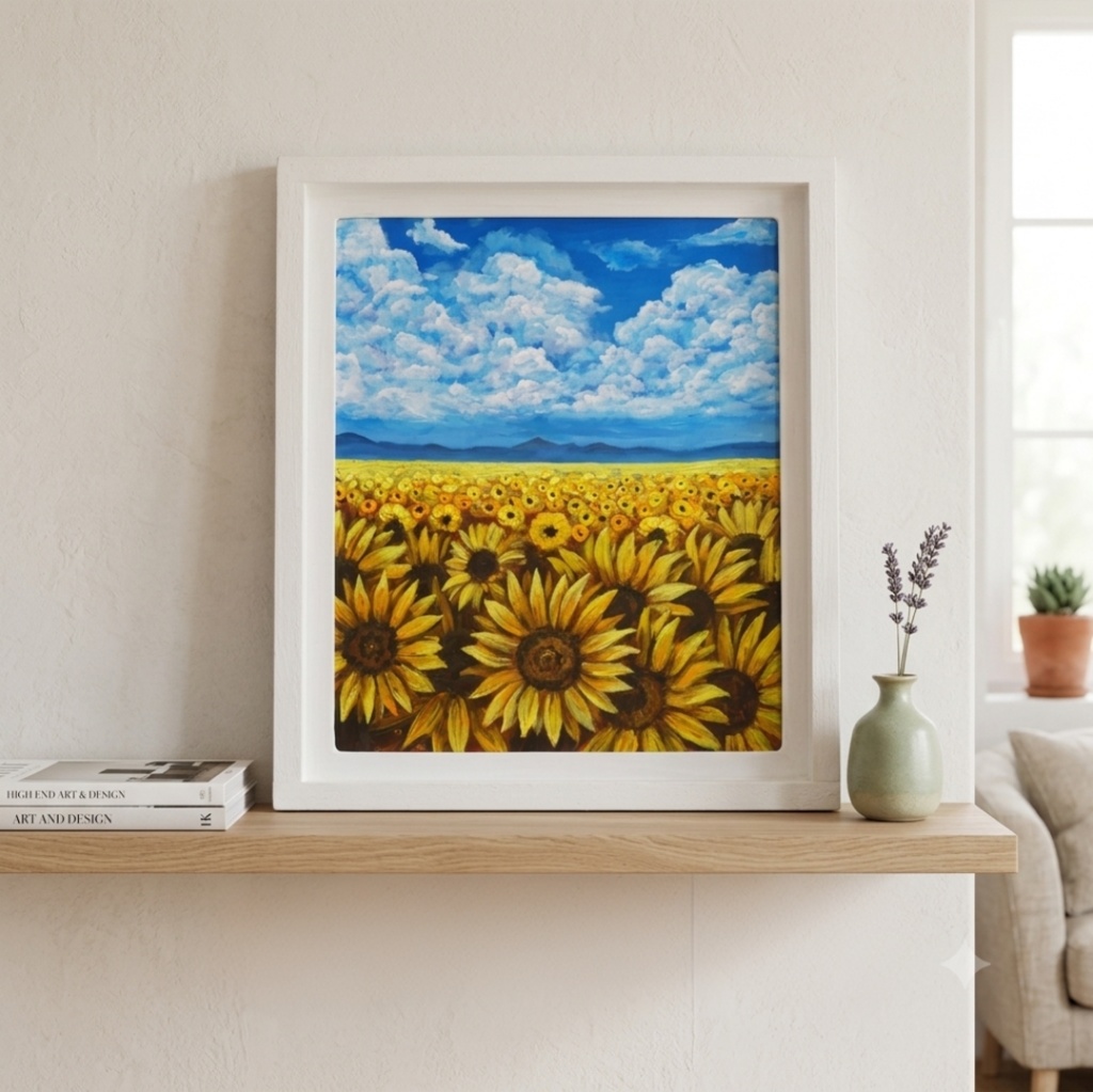 【油絵原画】陽だまりの輪舞曲(夏空とひまわり畑の絵画・額付き)
