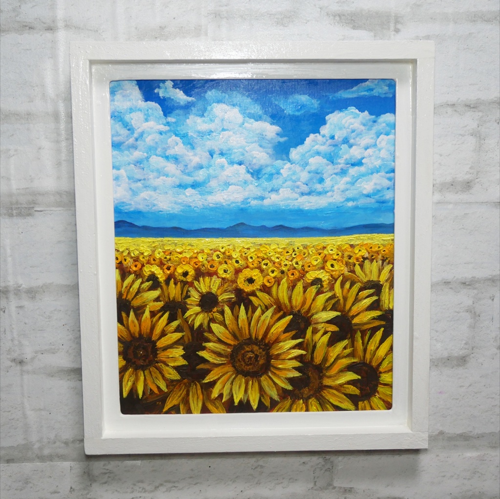【油絵原画】陽だまりの輪舞曲(夏空とひまわり畑の絵画・額付き)