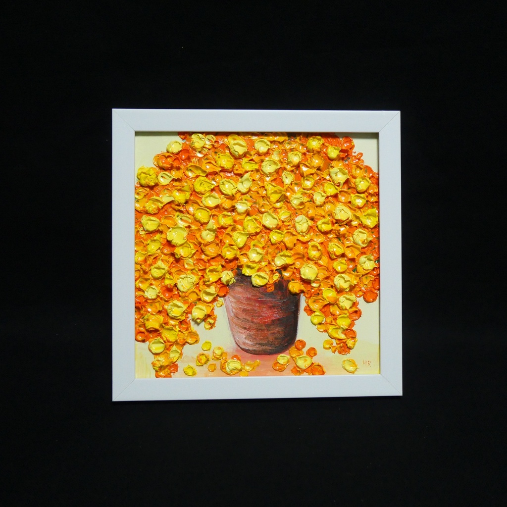 【油絵原画】あふれるミモザの立体アート(額縁入り・ミニ絵画)
