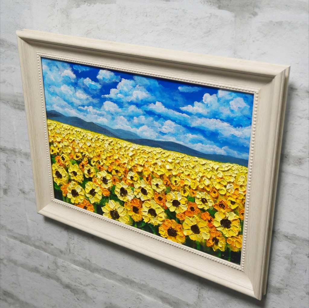 油絵 原画『太陽の贈り物』ひまわり畑 青空 夏のインテリア 風景画 向日葵 油彩画 絵画 ハンドメイド 壁掛け 額縁付き