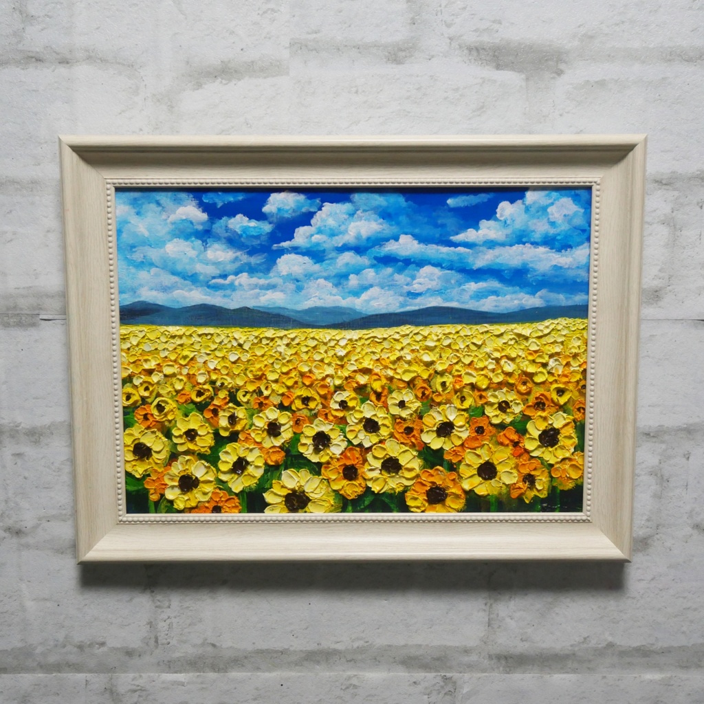 油絵 原画『太陽の贈り物』ひまわり畑 青空 夏のインテリア 風景画 向日葵 油彩画 絵画 ハンドメイド 壁掛け 額縁付き