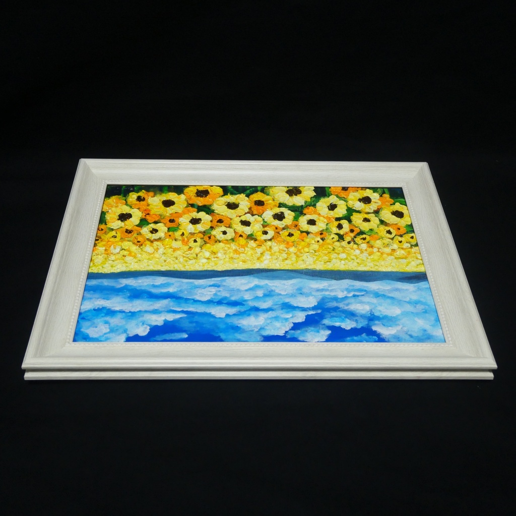 油絵 原画『太陽の贈り物』ひまわり畑 青空 夏のインテリア 風景画 向日葵 油彩画 絵画 ハンドメイド 壁掛け 額縁付き