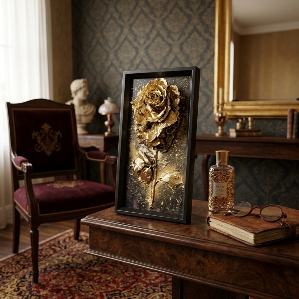 油絵 原画【Eternal Aura 永遠のオーラ】立体 3D 額縁付 ゴールド 薔薇 バラ アート モダンインテリア 壁掛け 絵画 抽象画 母の日ギフト 新生活応援