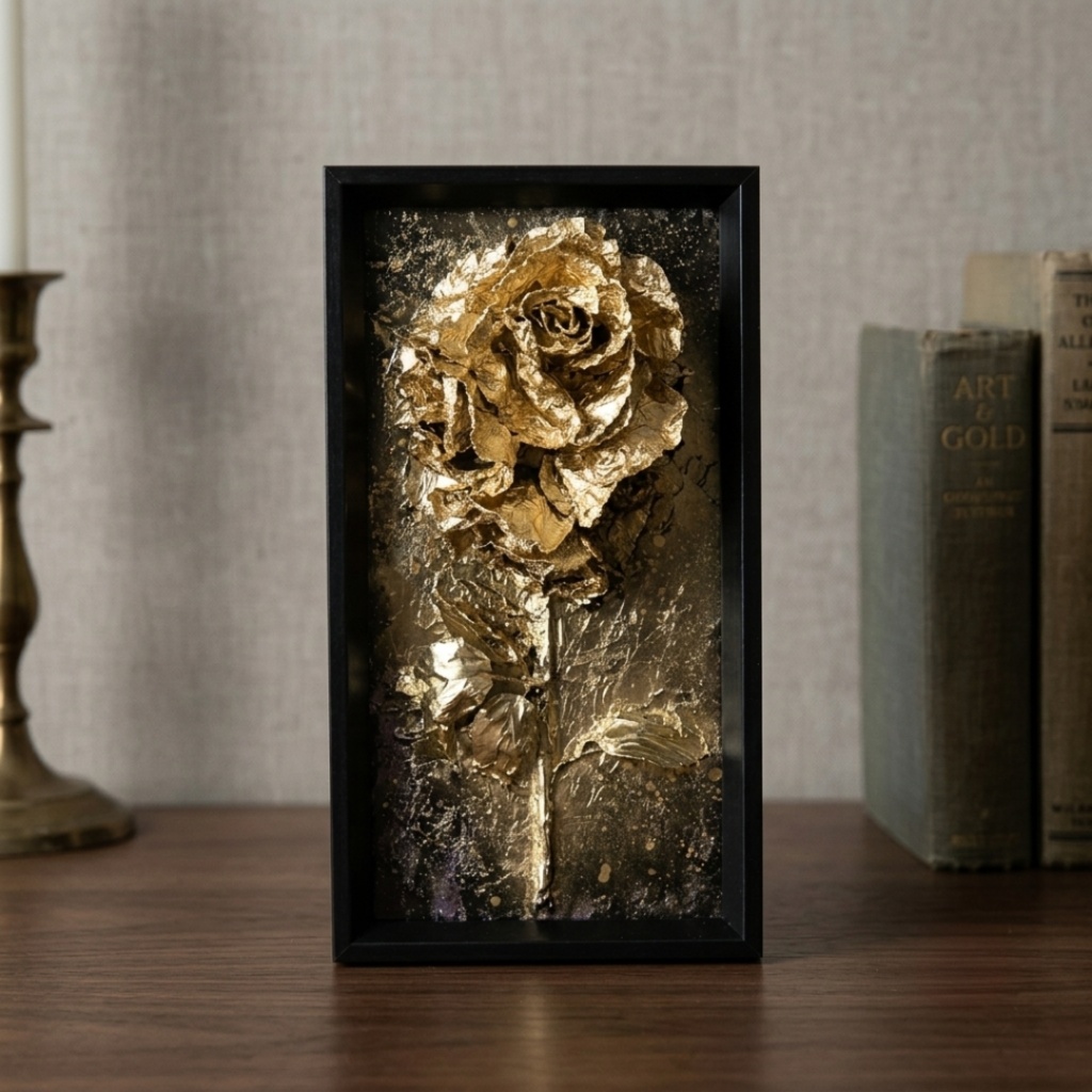 油絵 原画【Eternal Aura 永遠のオーラ】立体 3D 額縁付 ゴールド 薔薇 バラ アート モダンインテリア 壁掛け 絵画 抽象画 母の日ギフト 新生活応援