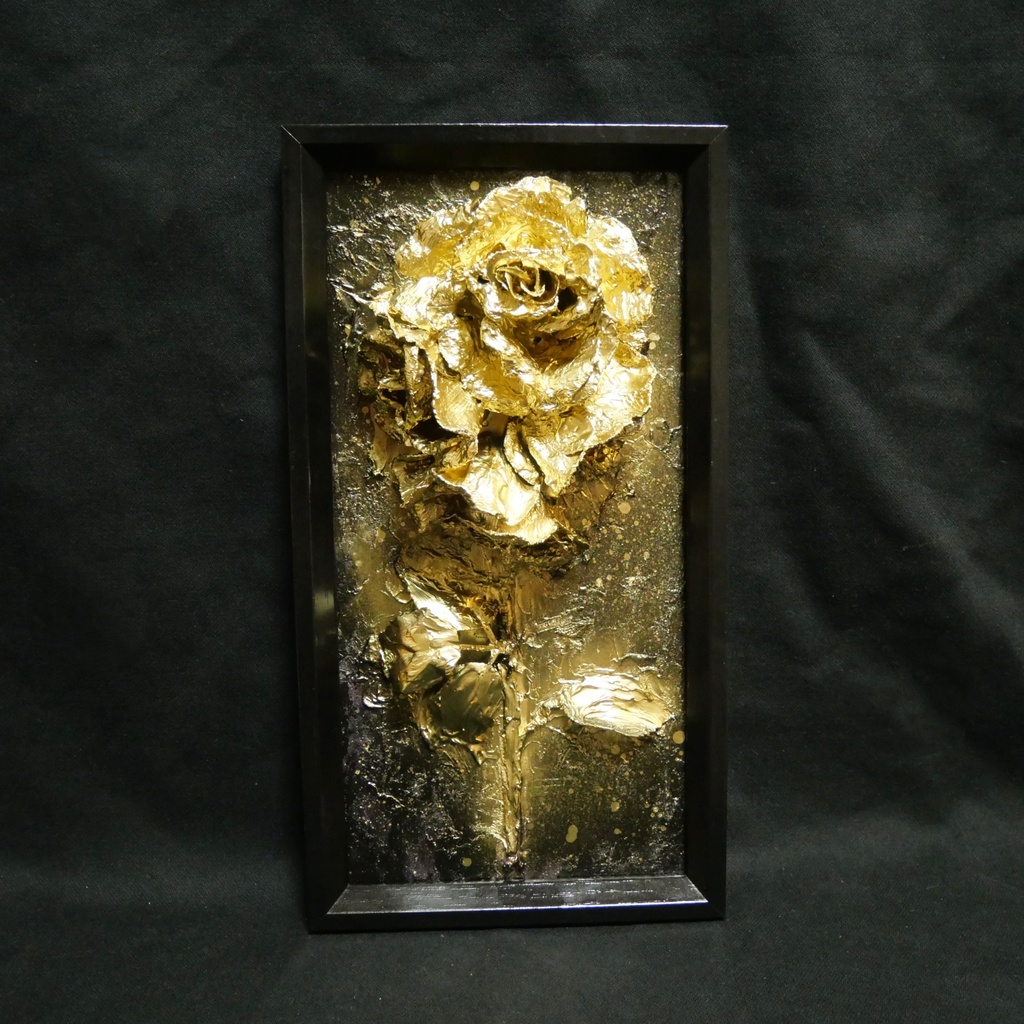 油絵 原画【Eternal Aura 永遠のオーラ】立体 3D 額縁付 ゴールド 薔薇 バラ アート モダンインテリア 壁掛け 絵画 抽象画 母の日ギフト 新生活応援