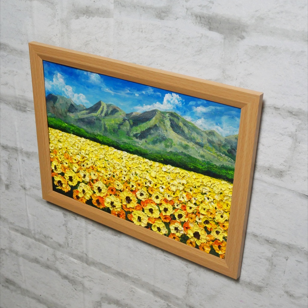油彩画・原画【陽だまりの特等席】夏のひまわり畑と山々 風景油絵(額装入り)