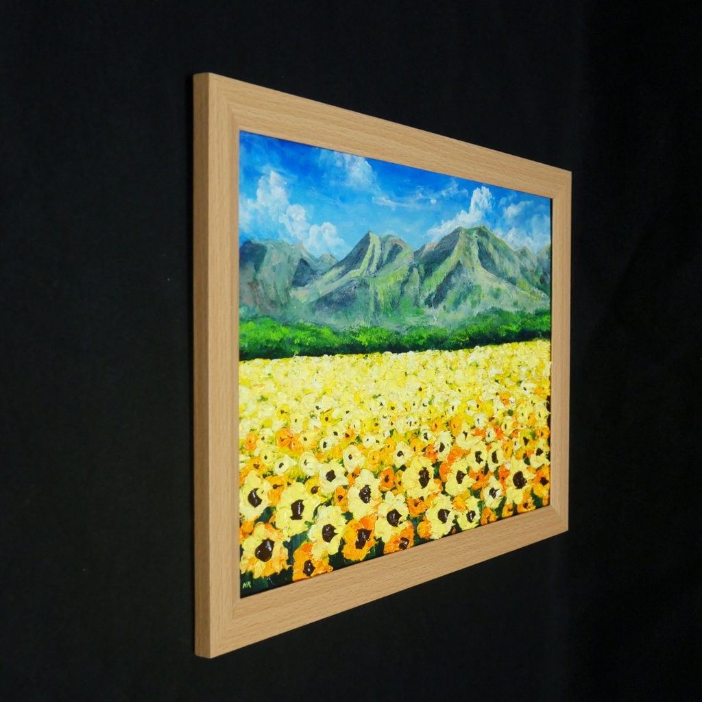 油彩画・原画【陽だまりの特等席】夏のひまわり畑と山々 風景油絵(額装入り)