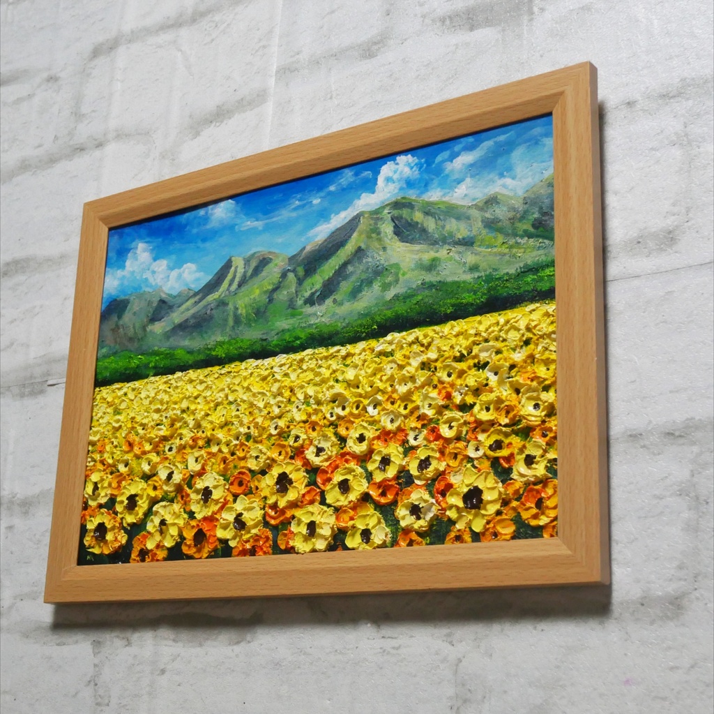 油彩画・原画【陽だまりの特等席】夏のひまわり畑と山々 風景油絵(額装入り)