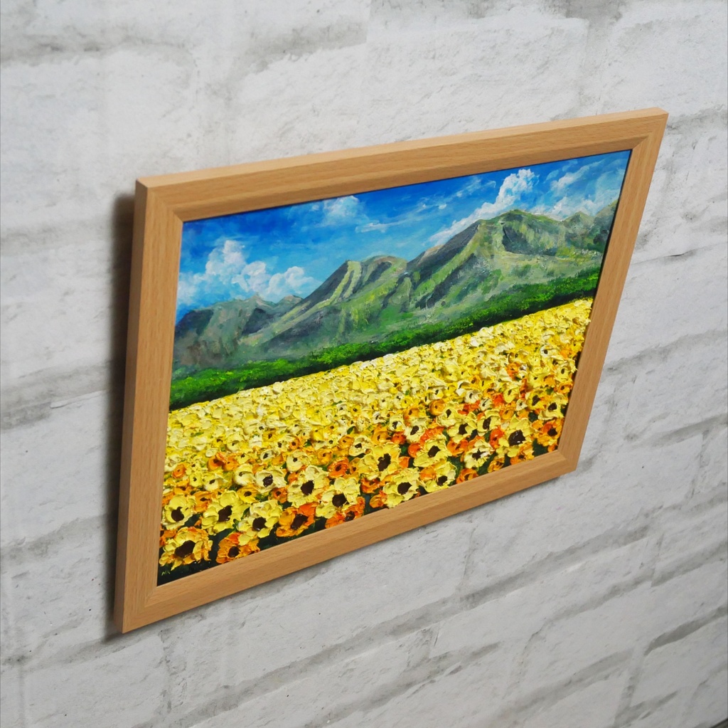 油彩画・原画【陽だまりの特等席】夏のひまわり畑と山々 風景油絵(額装入り)