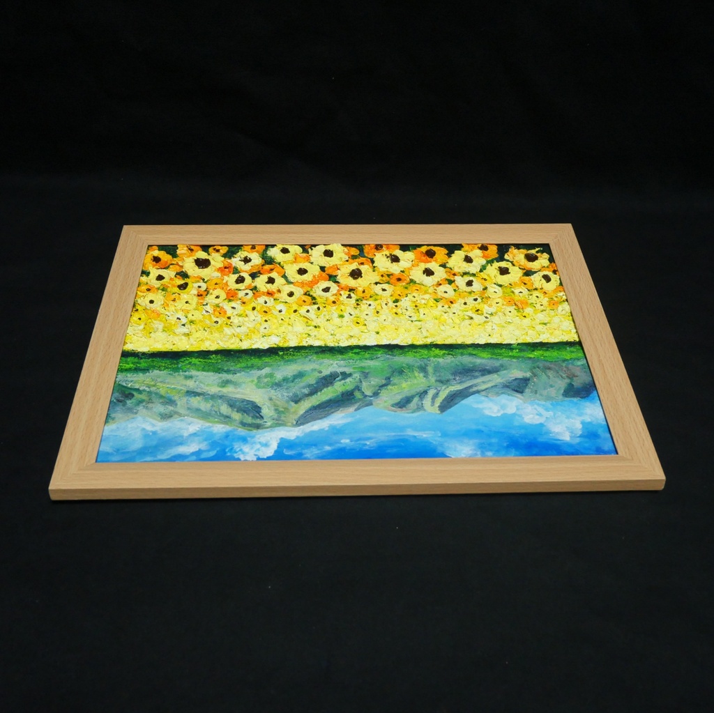 油彩画・原画【陽だまりの特等席】夏のひまわり畑と山々 風景油絵(額装入り)