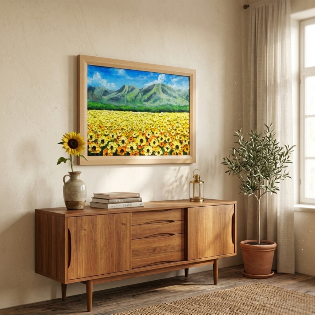 油彩画・原画【陽だまりの特等席】夏のひまわり畑と山々 風景油絵(額装入り)