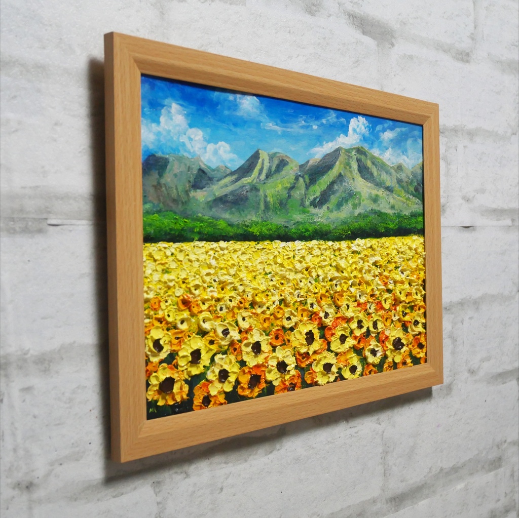 油彩画・原画【陽だまりの特等席】夏のひまわり畑と山々 風景油絵(額装入り)