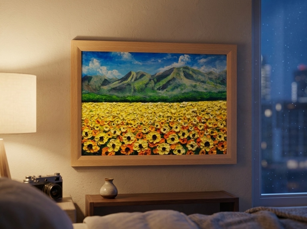 油彩画・原画【陽だまりの特等席】夏のひまわり畑と山々 風景油絵(額装入り)