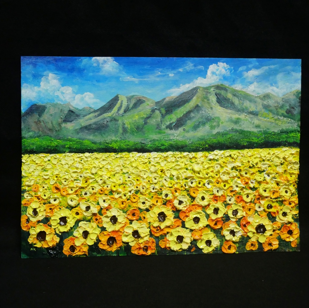 油彩画・原画【陽だまりの特等席】夏のひまわり畑と山々 風景油絵(額装入り)