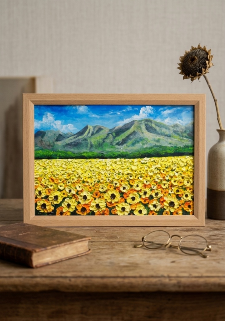 油彩画・原画【陽だまりの特等席】夏のひまわり畑と山々 風景油絵（額装入り）
