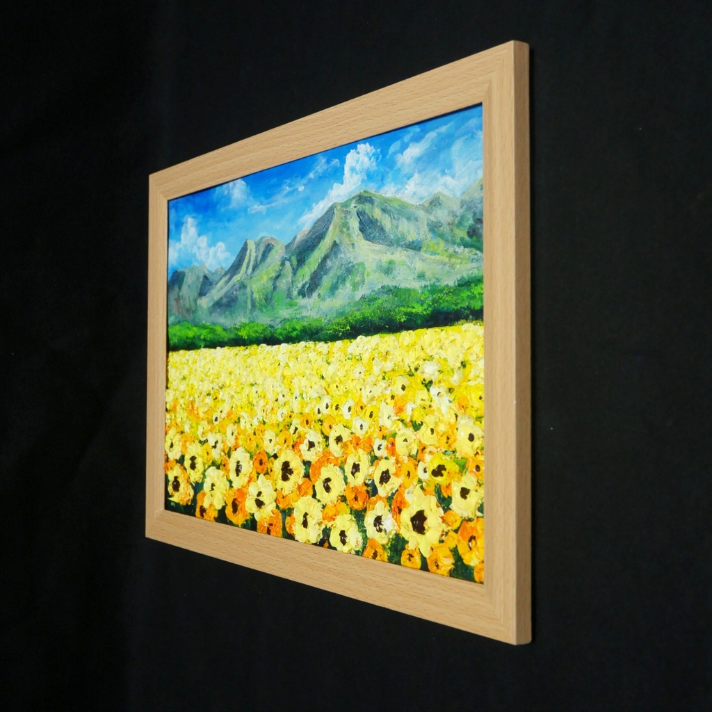 油彩画・原画【陽だまりの特等席】夏のひまわり畑と山々 風景油絵(額装入り)