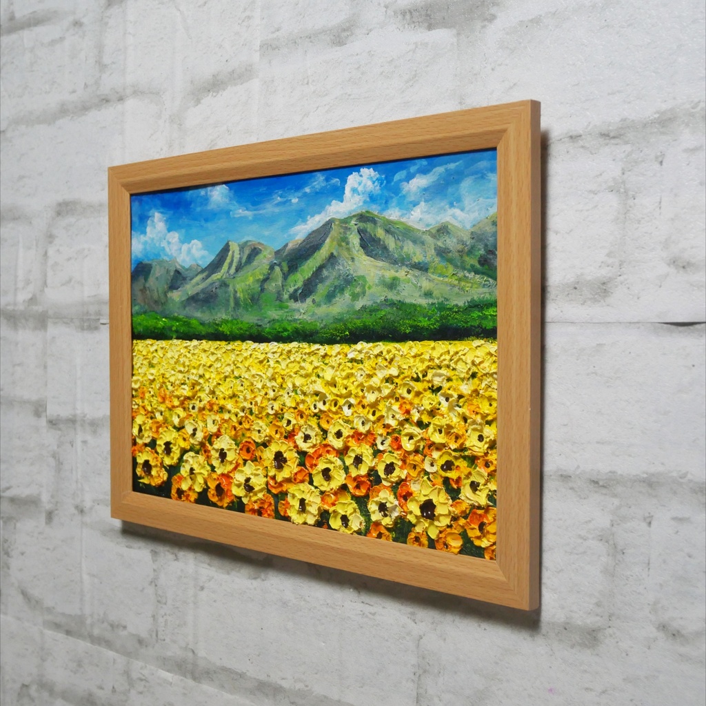 油彩画・原画【陽だまりの特等席】夏のひまわり畑と山々 風景油絵(額装入り)